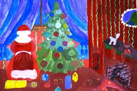 Варновская Алина, 10 лет, Дед Мороз раскладывает подарки, б., гуашь, ВОДХГ, г. Волгоград