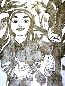 Головкова Вероника, 12 лет, «Прогулка с кроликом»,б.,  гравюра на картоне, линогравюра, ДШИ №3, г. Омск