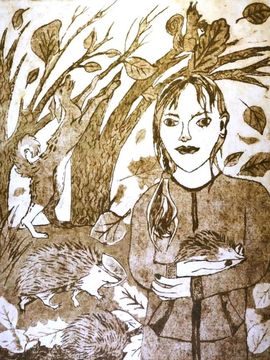 Николенко Елизавета, 11 лет, «Ёжики», б., гравюра на картоне, линогравюра, ДШИ №3, г. Омск