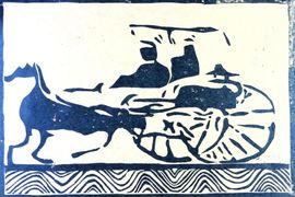 Хуан И, 10 лет, «Путешествие на повозке в древности – 2», тон. б.,  гравюра , Китай