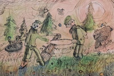 Быкадорова Милана, 7 лет, «В. Астафьев с земляком из Сисима», б., акв., тушь, г. Серафимович, Волгоградская обл.