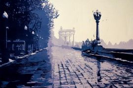 Головинский Александр, серия Волгоград, Набережная . Туман, линогравюра, 29 х 40 см, 2023 г, г. Шахты, Ростовская обл, Россия