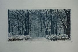 Гуреева Светлана, Во дворе Зимнего дворца во время снегопада,офорт, 9 х17 см, 2023 г., г. Санкт-Петербург