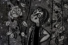 Кочурова -Жумабекова Ирина, Девочка и розы, гравюра на дереве,18 х 27 см, 2024 г, г. Серов, Россия