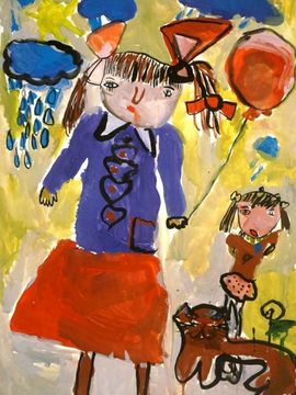 Казурова Ирина, 5 лет, Автопортрет с кошкой Лизой и с воздушным шариком, б., гуашь